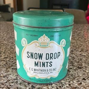 E.G. Whitman Snow Drop Mints Tin - Teal Mint Canister